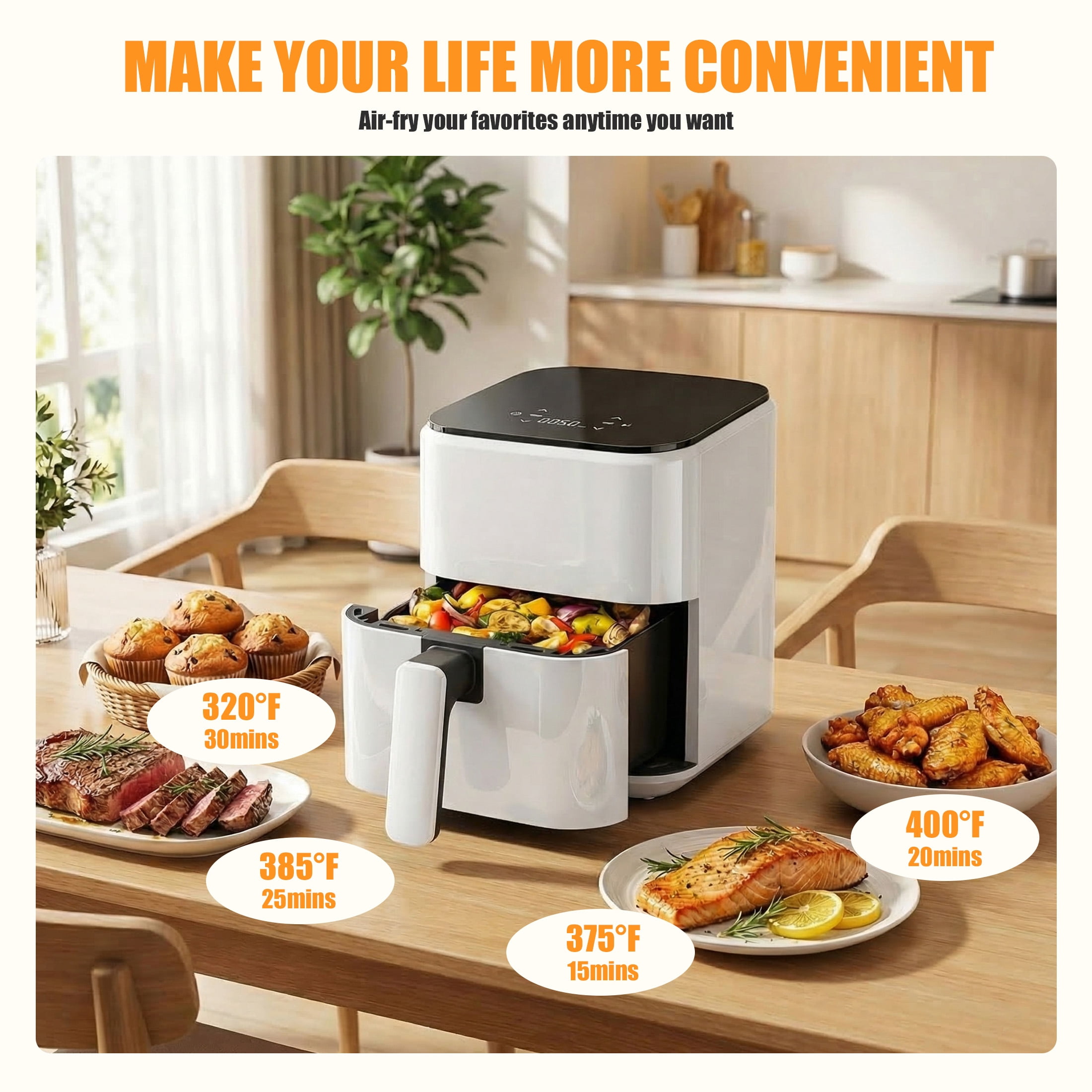 EDX 3 QT Digital Air Fryer, 800W Compact Countertop Air Fryer with Temperature Control, White