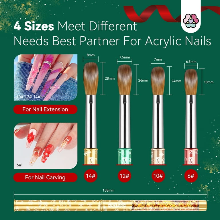 Saviland 4PCS Acrylic Nail Brush Set - Size 6/8/12/14 Glows in The Dark  Acrylic Brushes for Nails, Professional Acrylic Nail Brushes for Acrylic