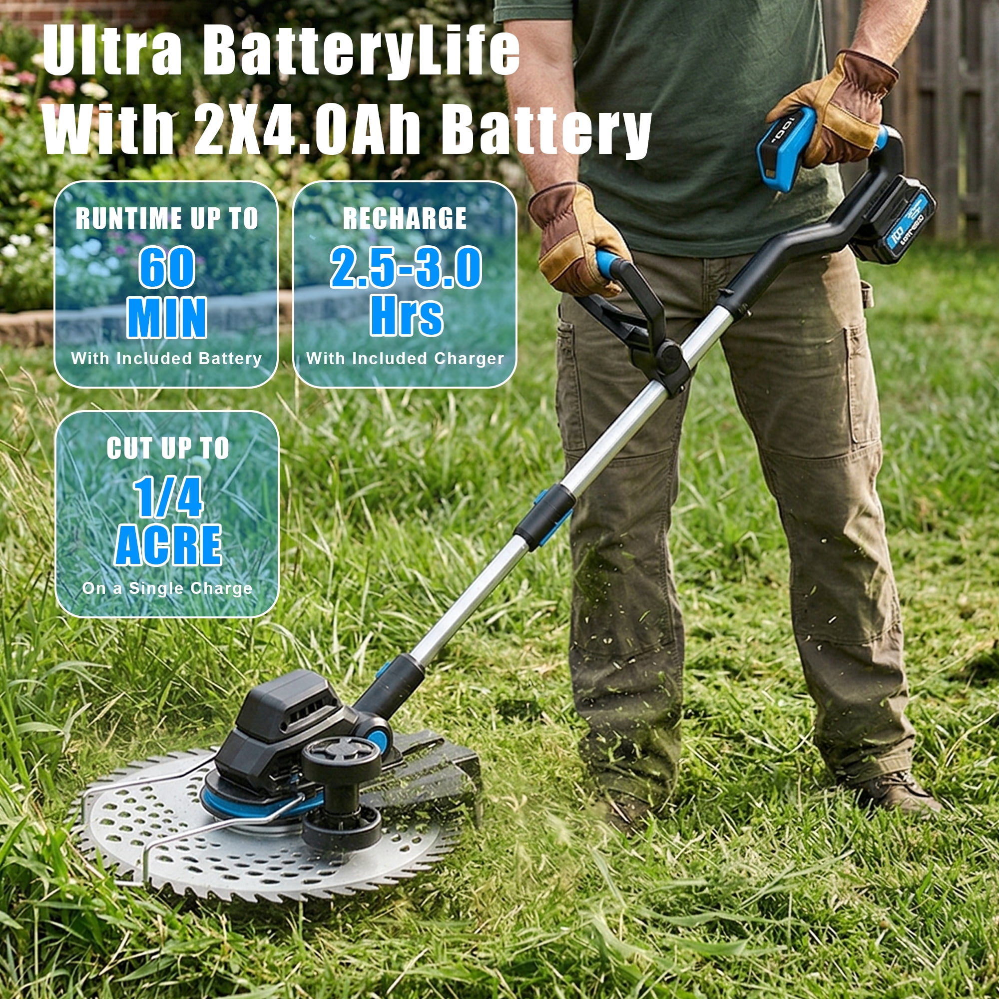 Cordless Electric Weed Wacker with 2 × 4.0Ah Batteries, Brushless Weed Eater, 3-in-1 Grass Trimmer & Lawn Mower, Multi-Functional Garden Tool