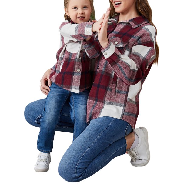 Ma&Baby Flannel Family Women Girl Plaid Jacket Shacket Long Sleeve Button Down Shirts Coats