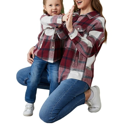 

Peyakidsaa Flannel Family Women Girl Plaid Jacket Shacket Long Sleeve Button Down Shirts Coats