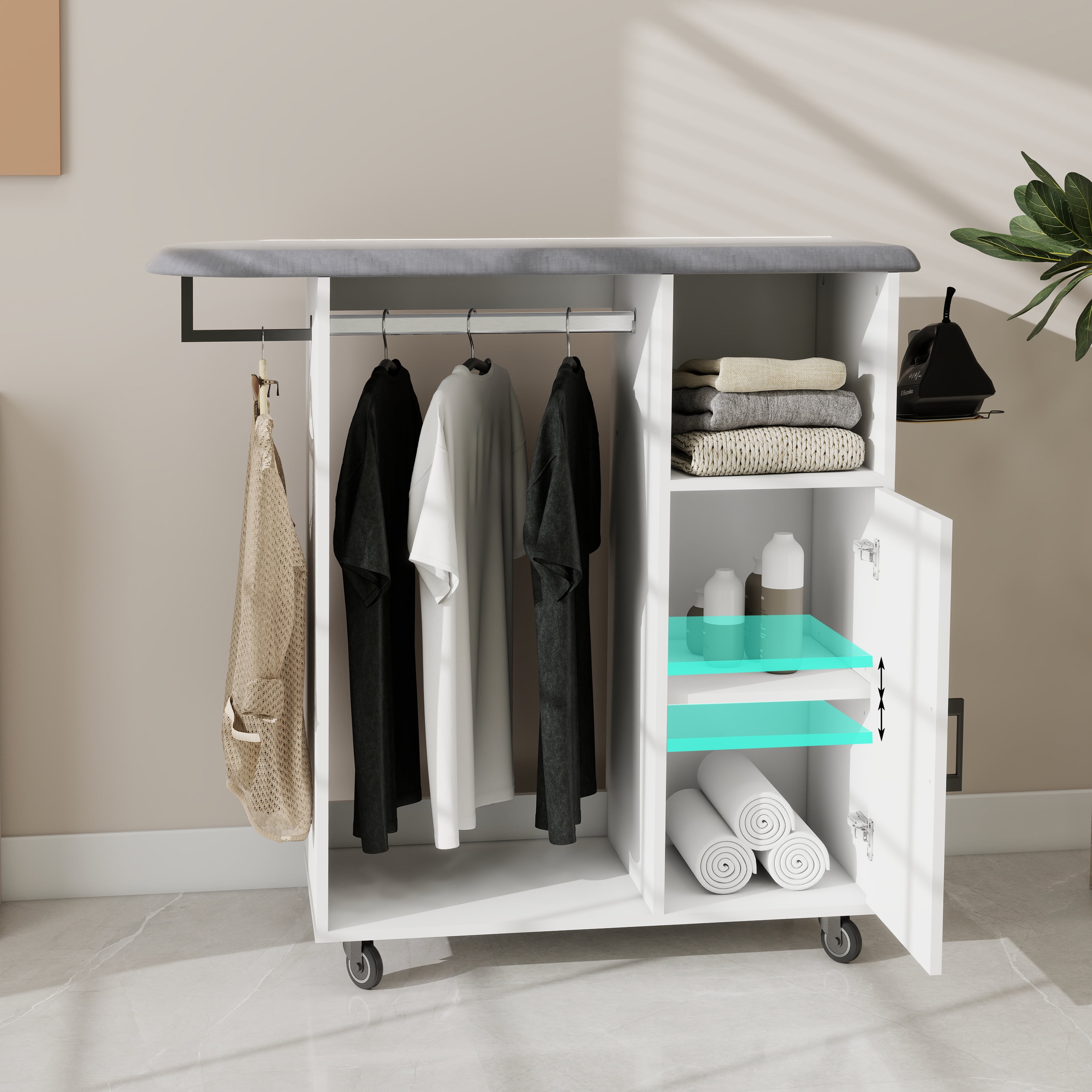 Ironing Cart with Rolling Ironing Board, Multipurpose Ironing Cabinet with Wheels, Compact Ironing Solution for Laundry Room, Bedroom,Cloakroom