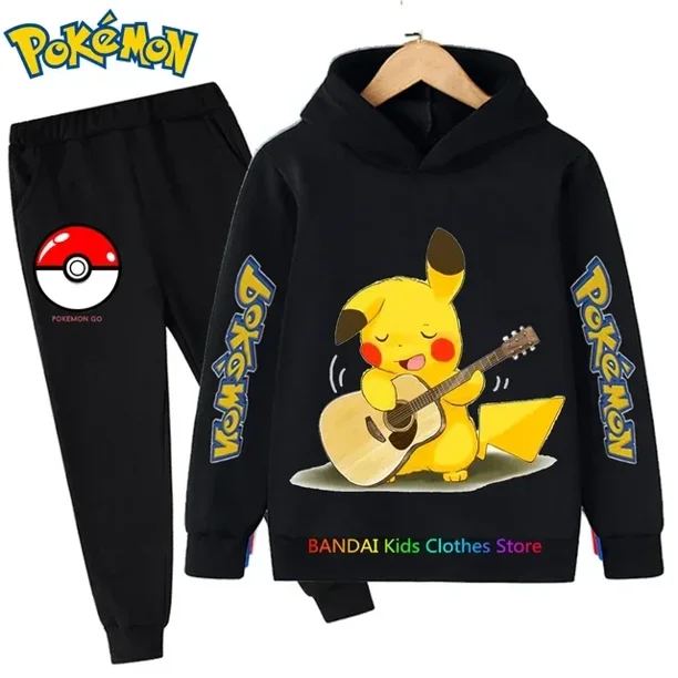 Conjunto de ropa deportiva de algodón con capucha para niño Y niña, traje de Sudadera con capucha de Pokémon, Pikachu, pantalones, ropa para 2 peces, 3, 4, 5, 6, 7, 8, 9, 10, 11, 12, 13, 14 años