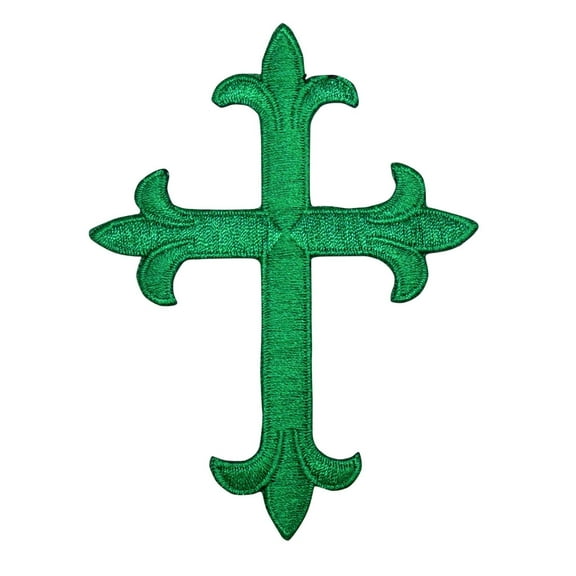 4" Green Cross - Fleur De Lis - Religious - Iron On Applique/Embroidered Patch