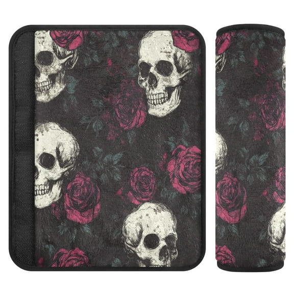 WOBOGO Skull Burgundy Roses Pattern Seat Belt Cover 2 Piece Soft Comfort Driving Shoulder Pad Suitable for All Cars and Backpacks