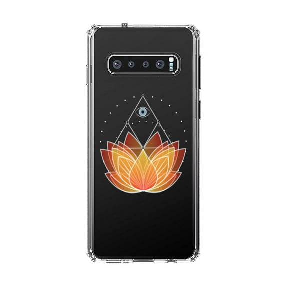 DistinctInk Clear Shockproof Hybrid Case for Samsung Galaxy S10 (6.1" Screen) - TPU Bumper, Acrylic Back, Tempered Glass Screen Protector - Lotus Flower and Third Eye