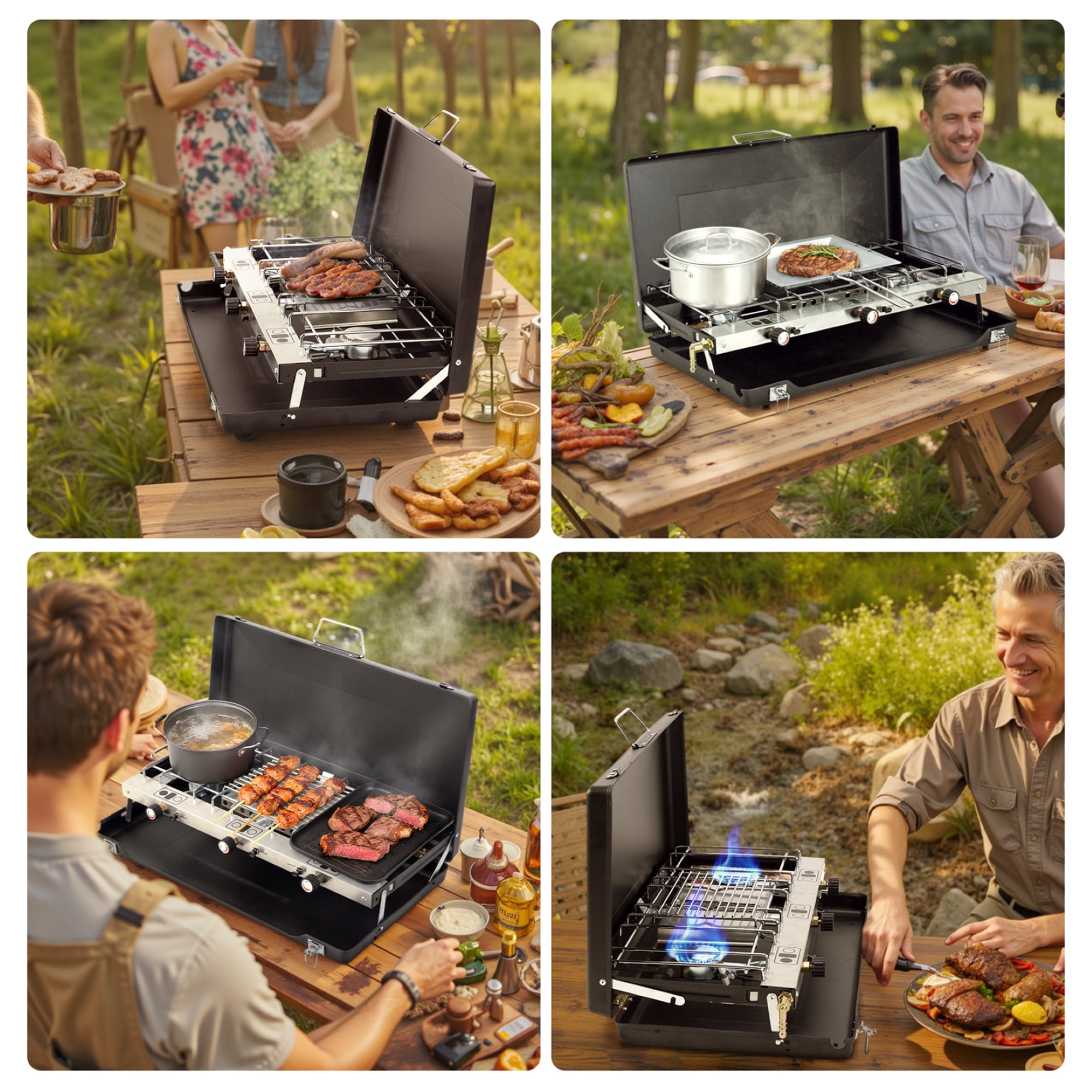 SaveJoy Portable Gas Grill, 3 Burner BBQ Propane Grill, Camping Stove with Hose Tank Adapter for Outdoor Cooking