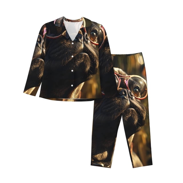 Balery Pug Wearing Sunglasses Flowers Conjunto de Pijama con Estampado para Mujer, Conjunto de Dos Piezas con Manga Larga, Ropa de Dormir Suave con Bolsillos, Pijamas Cómodos-Large