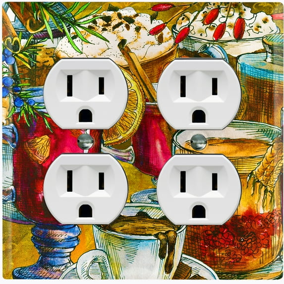 Metal Light Switch Wall Plate Outlet Cover (Coffee Tea Party Kettle Mocha Marshmallow Espresso Fruit Drinks - Double Duplex)