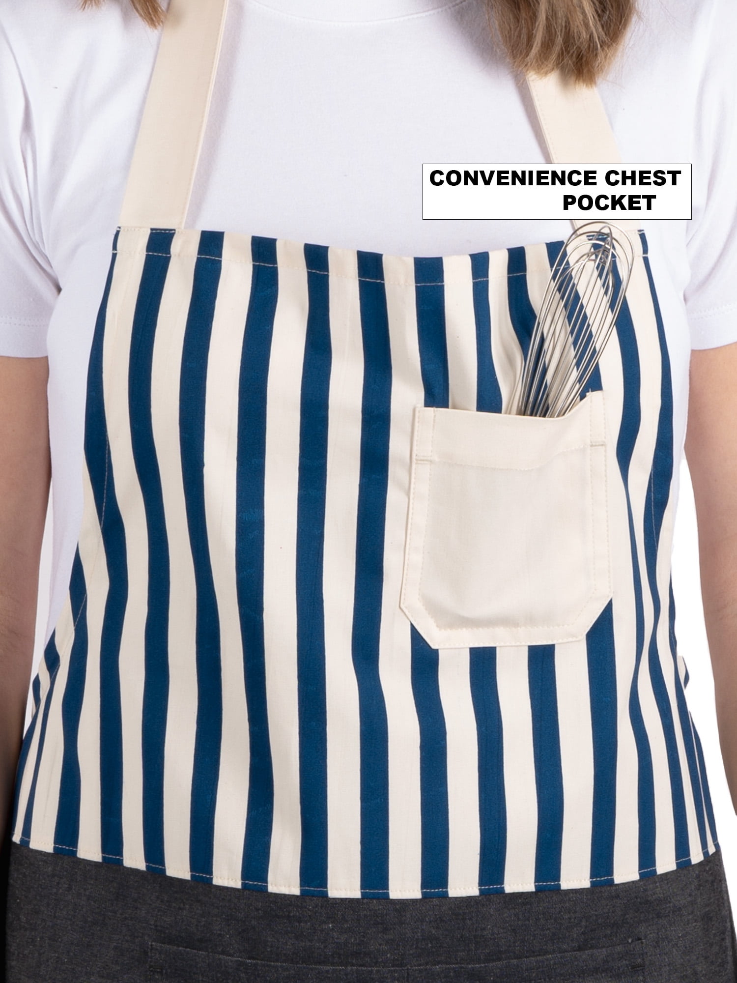 Mainstays Chef Kitchen Apron, 28" x 32" Stripe Cotton Bib Apron with Pockets for Cooking, Baking, Gardening in Navy