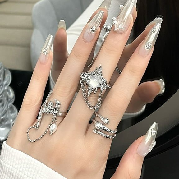 Rings for Women - Gothic Irregular Faux Moonstone Tassel Imitation Pearl Dress Up - Metal Aesthetics Finger Ring Women Jewelry