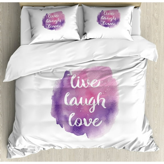 Live Laugh Love King Size Duvet Cover Set, Watercolor Ombre Inspired Paint Splash Background with Motivational Quote, Decorative 3 Piece Bedding Set with 2 Pillow Shams, Purple Rose, by Ambesonne