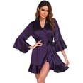 thumbnail image 3 of Women Satin Robe Ruffle Hem Kimono Short Robes V-Neck Pure Color Bridesmaid Wedding Party Bathrobe Dressing Gown, 3 of 9