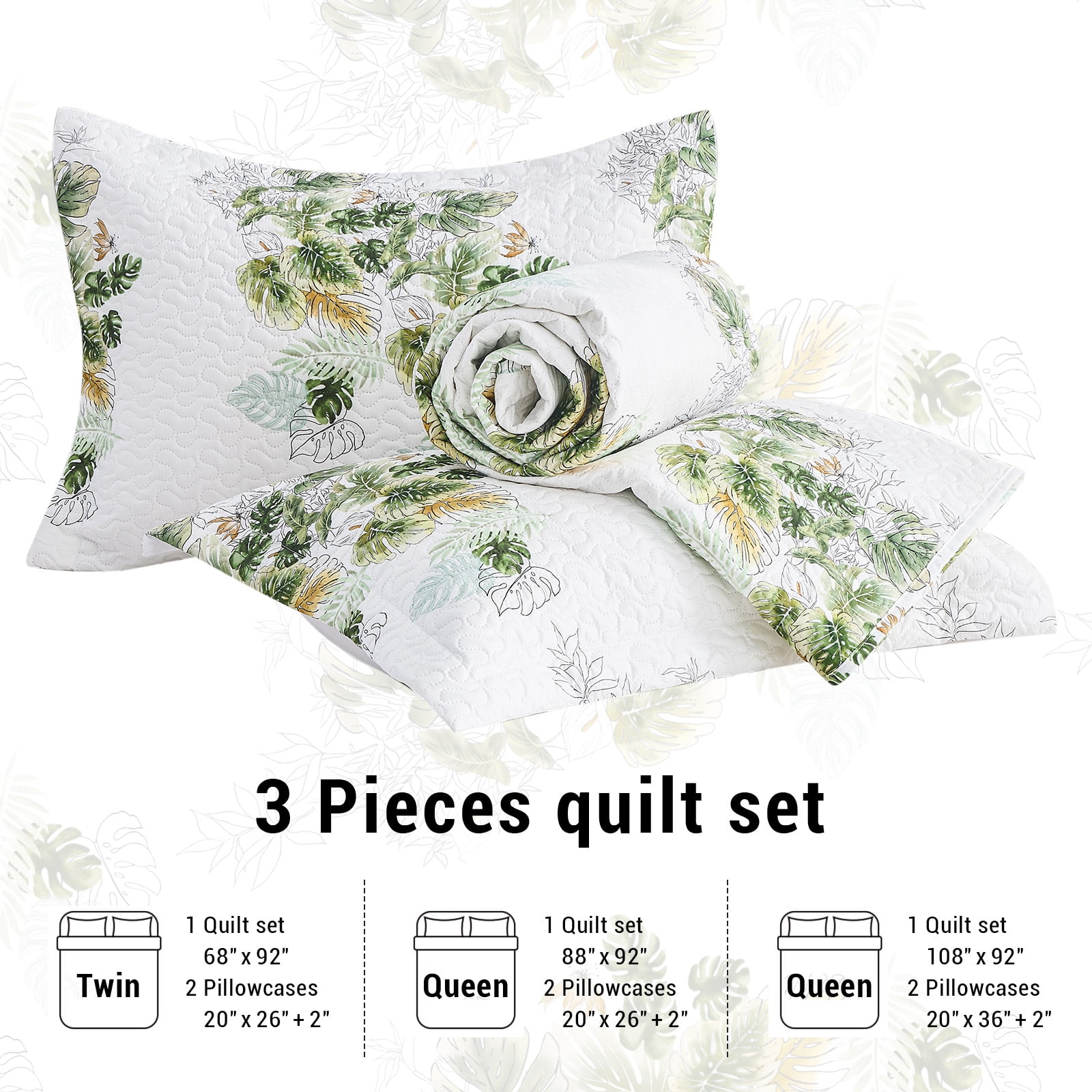 Hitime Luxury Printed Quilt Set Queen Size, Lightweight Comforter Set, Oversized Bedspread Coverlet Quilted Bedding Set, with 2 Matching Pillowcases, for All Season
