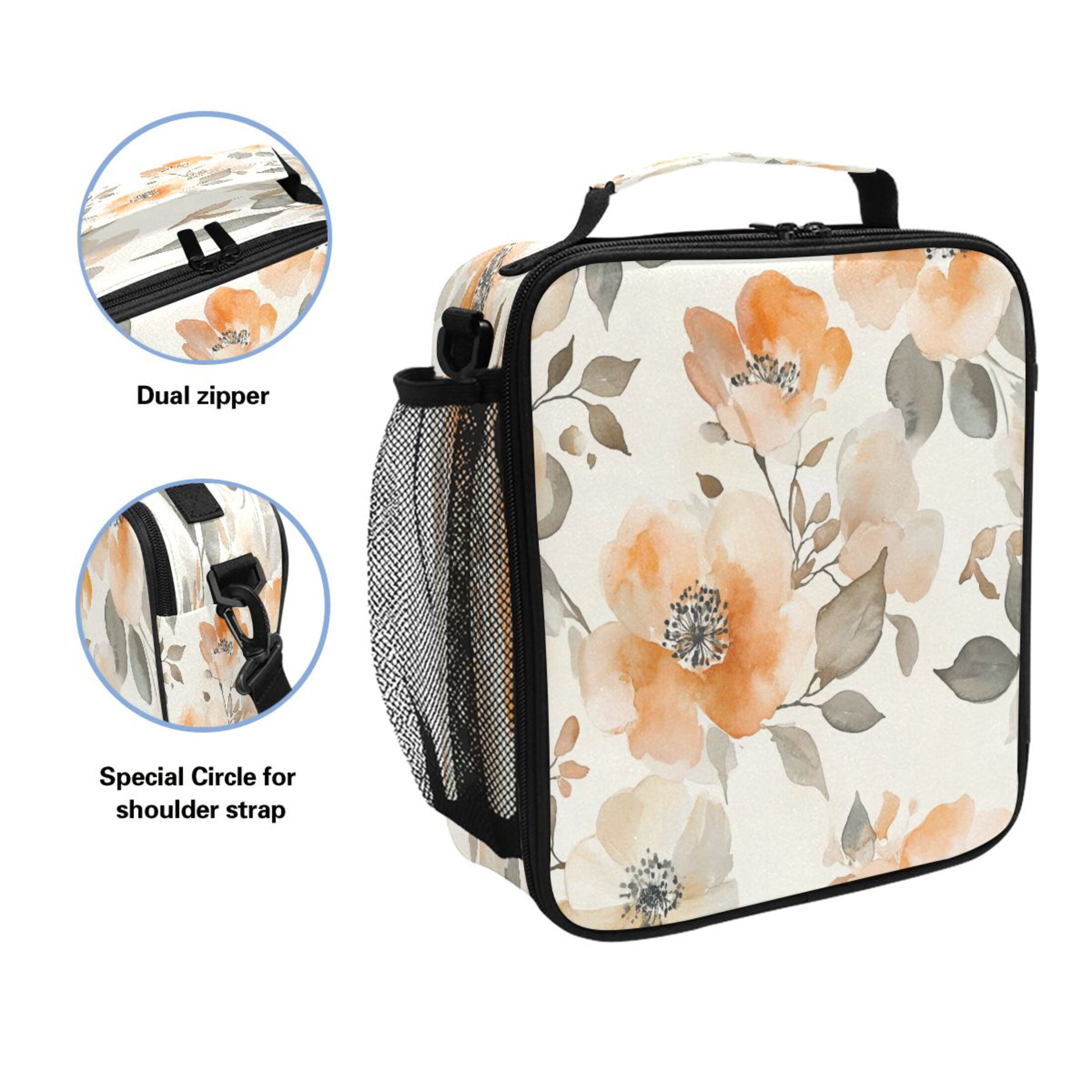Square Lunch Bag 10.5*3.5*9.5 Inches Cooler Bag Lunch Bag Insulation Portable Durable Fashion Vibrant Cream Flowers