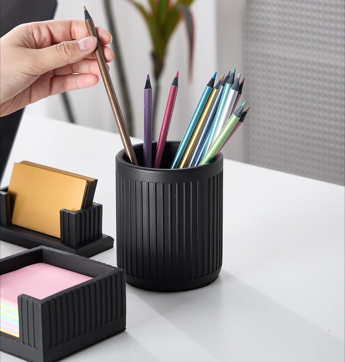 Set of 4 - Concrete Desk Accessories For Modern, Industrial, Minimalist Office Decor- Aesthetic Desk Organizers Accessories For Women or Men- Pen, Business Card Holder