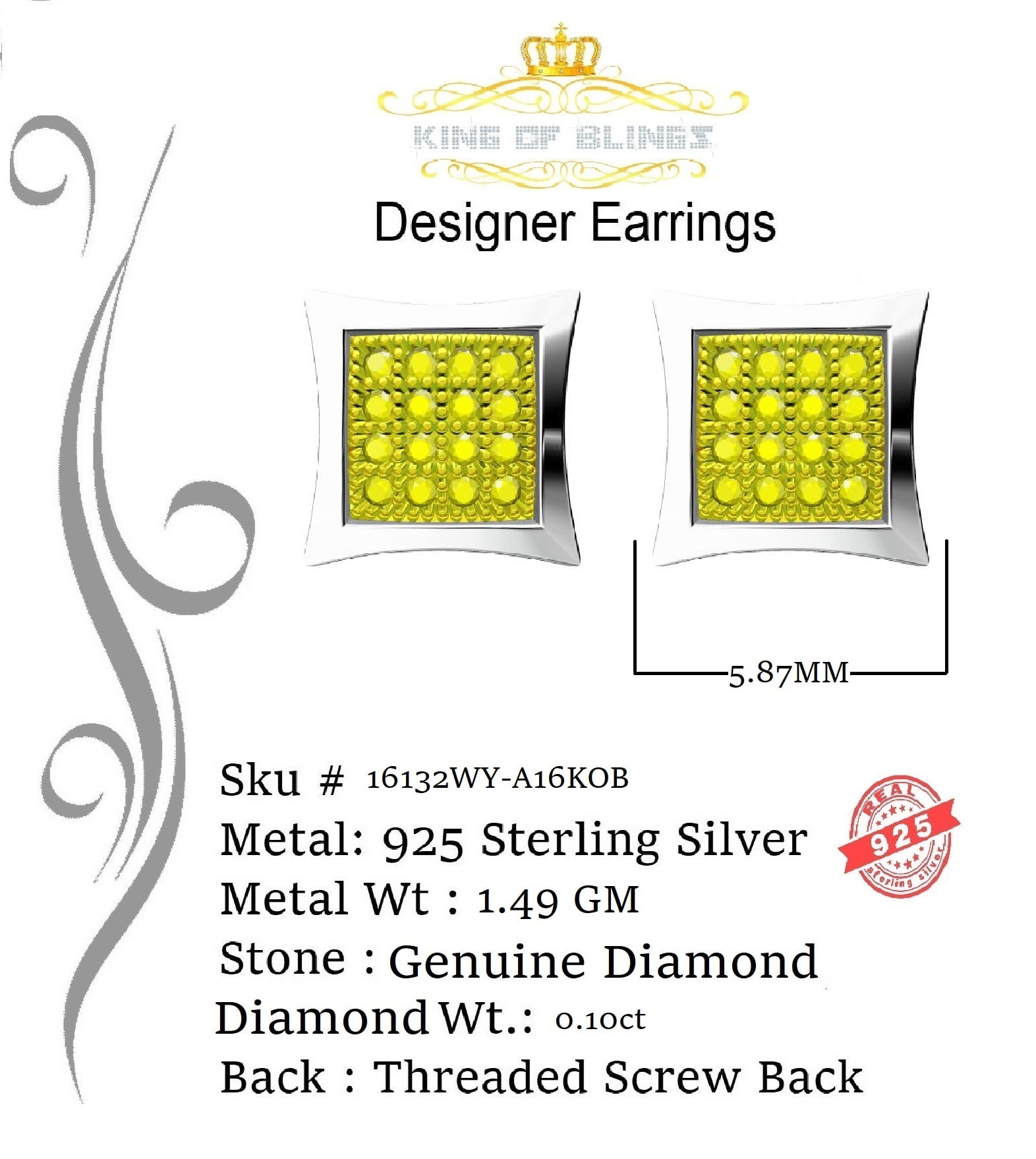 King of Bling's 0.10ct Diamond 925 Sterling Silver White Kite Stud Earrings For Women's & Men's
