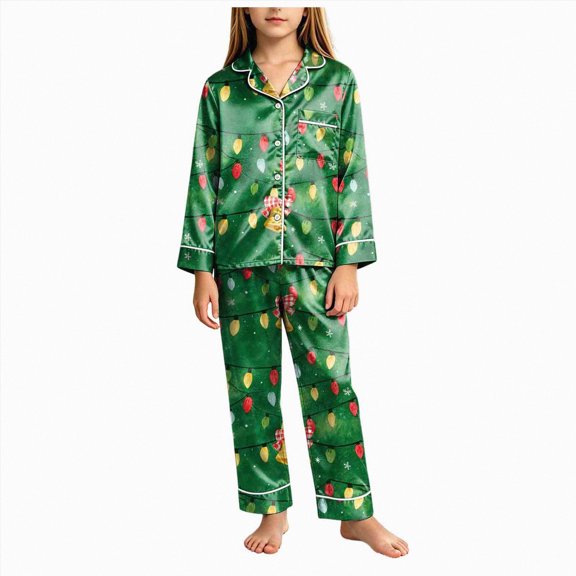 sdbrld Tween Girls Christmas Silk Pajama Set Button-down Shirts & Pants Sleepwear 2-Piece Long Sleeve Soft Loungewear,Gift for Kids Sizes 11-12 Years