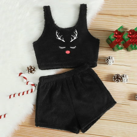

Cntydi Pajamas for Women Gifts Women s Autumn/winter Elk Print Sleeveless Vest Shorts Flannel Autumn/winter Heavy Home Pajamas Set
