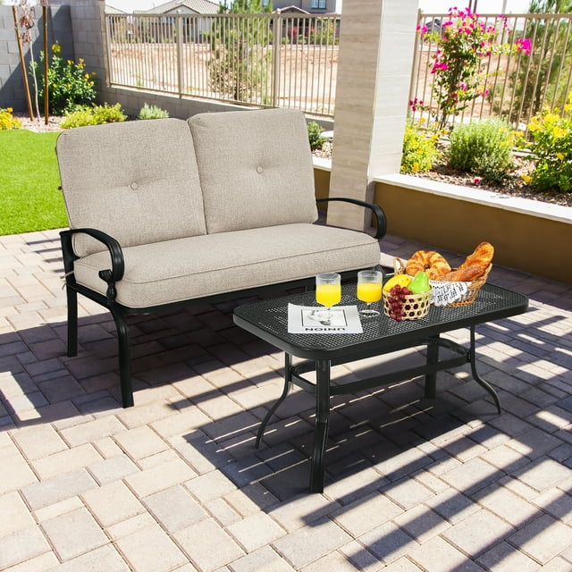 Costway Ensemble de Mobilier de Terrasse 2 Pcs Banc d'Amour Table Chaise Coussinée Beige