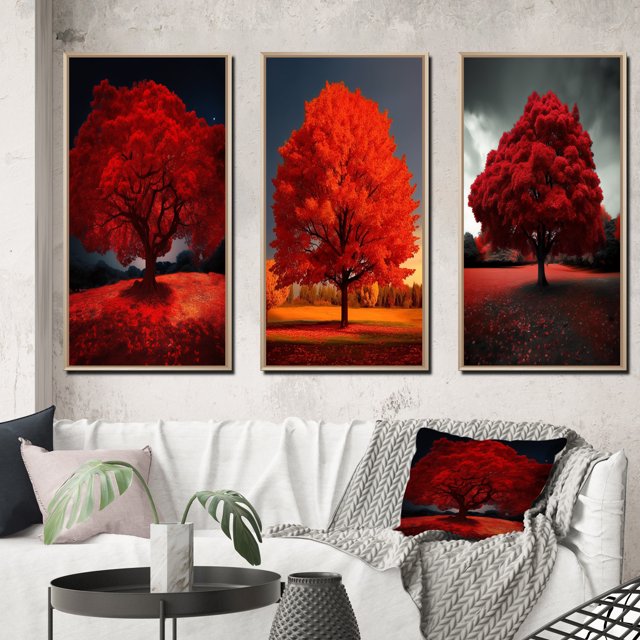 Designart « Majestueux Arbre Rouge Capturé en Photographie de Nature » Arbres de Paysage Ensemble d'Art Mural Encadré de 3 - Ensemble de Cadres Arbres Rouges pour Déco de Bureau