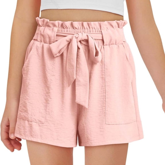 KICILVS Girls Paperbag Shorts Tie Waist Ruffle Summer Shorts with Pockets Casual Lightweight Daily Wear Play Bottoms 5-14 Years