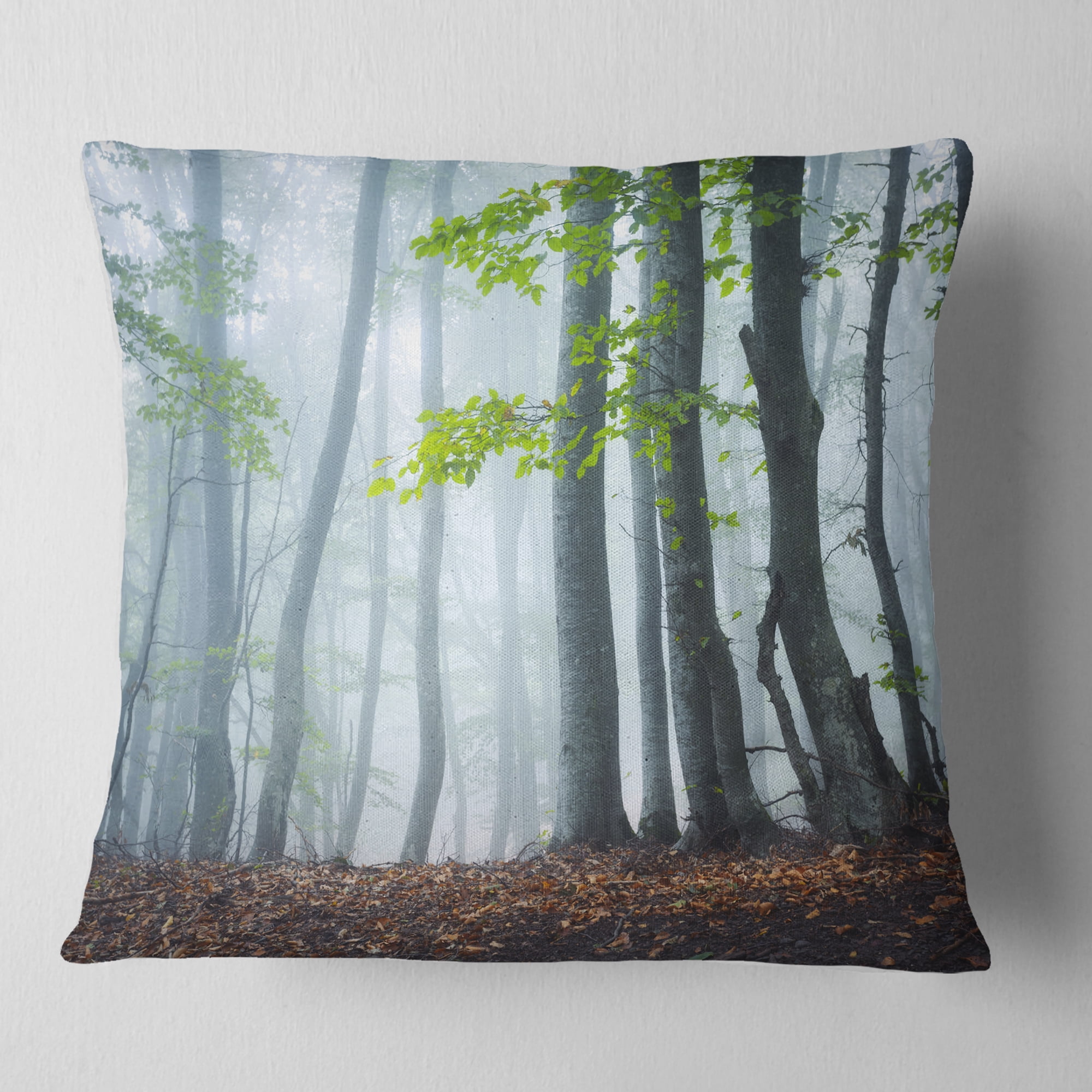 Designart Green Leaves in Old Forest - Landscape Photography Throw Pillow - 16x16