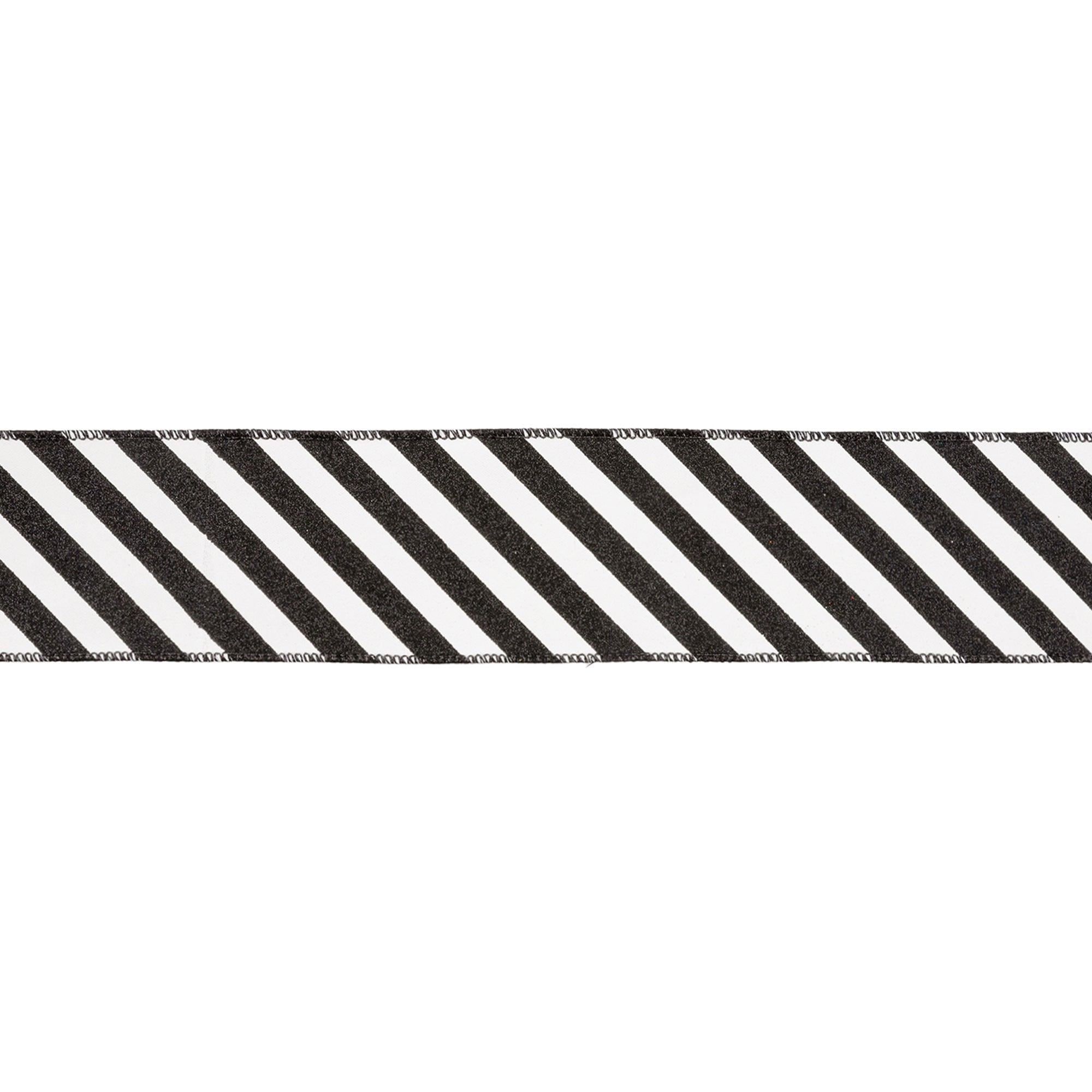 LaRibbons 2 1/2" Wired Ribbon, Black Glittered Diagonal Stripes on White, 10 Yard Roll