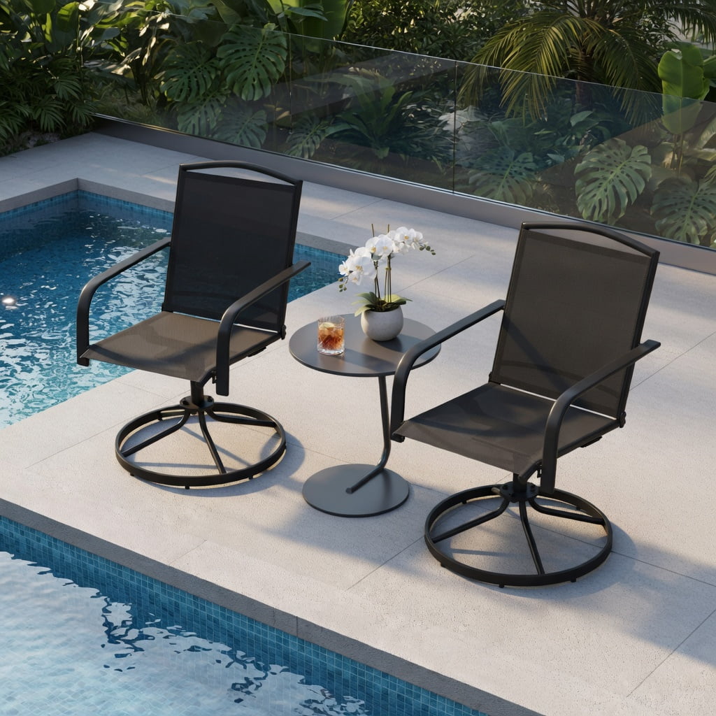 Hommoo 2-Piece Outdoor Swivel Chairs Set, High-Back, Breathable Mesh Seat, 360° Rotating & Gentle Rocking, Powder-Coated Metal Frame, Black