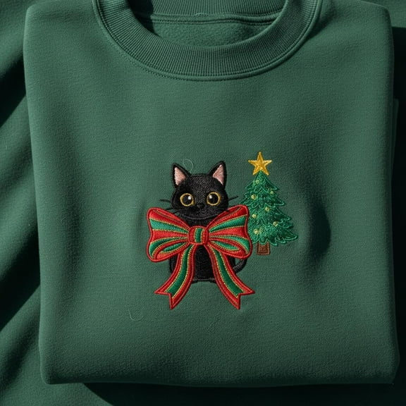 Christmas Black Cat Embroidered Sweatshirt, Festive Feline Bow Shirt, Cute Holiday Pet Lover Gift, Xmas Tree Hoodie