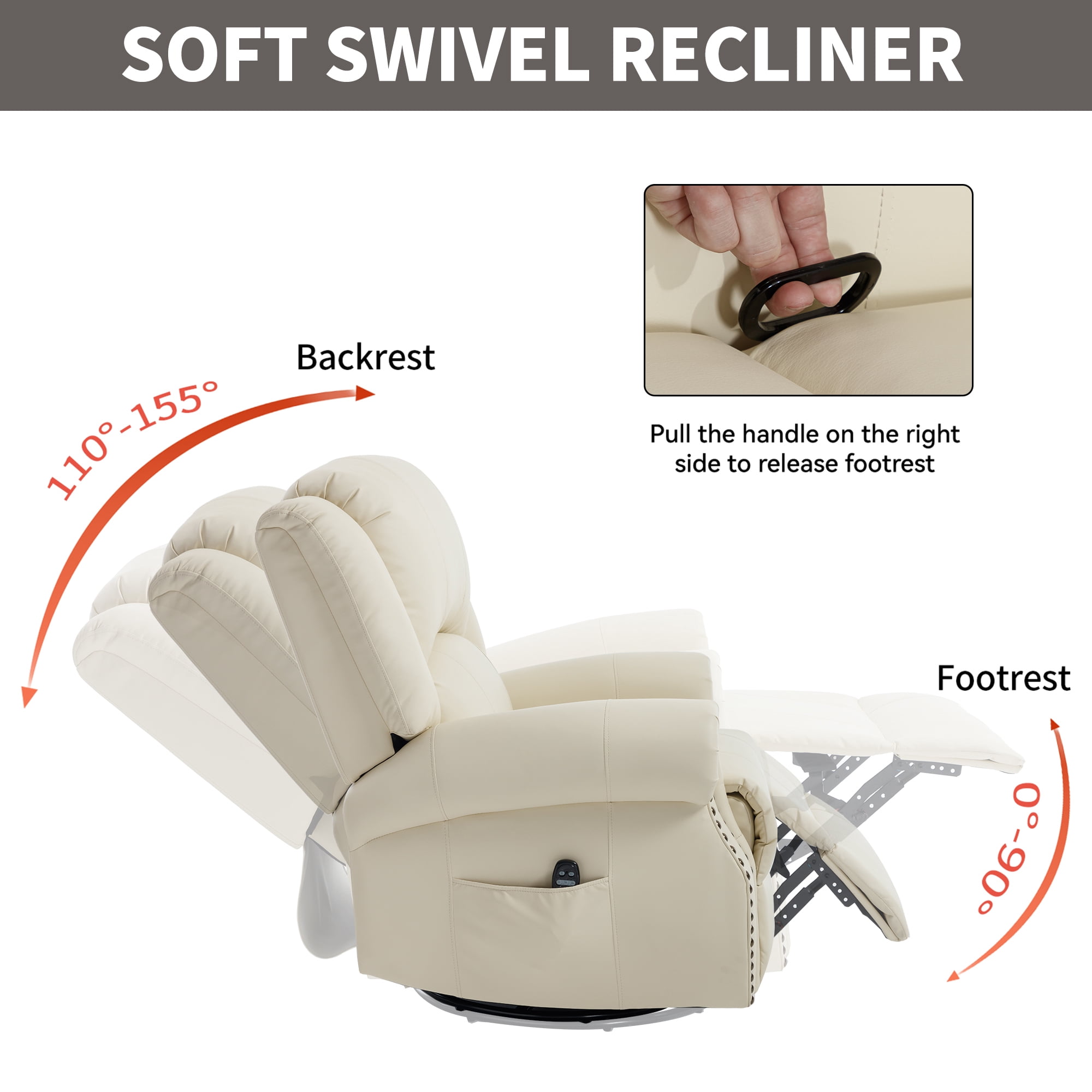 Leumius Oversized Swivel Recliner Chair for Adults,Swivel Rocker Recliner with Vibration Massage and Lumbar Heating for Living Room,Rivet Design,Beige