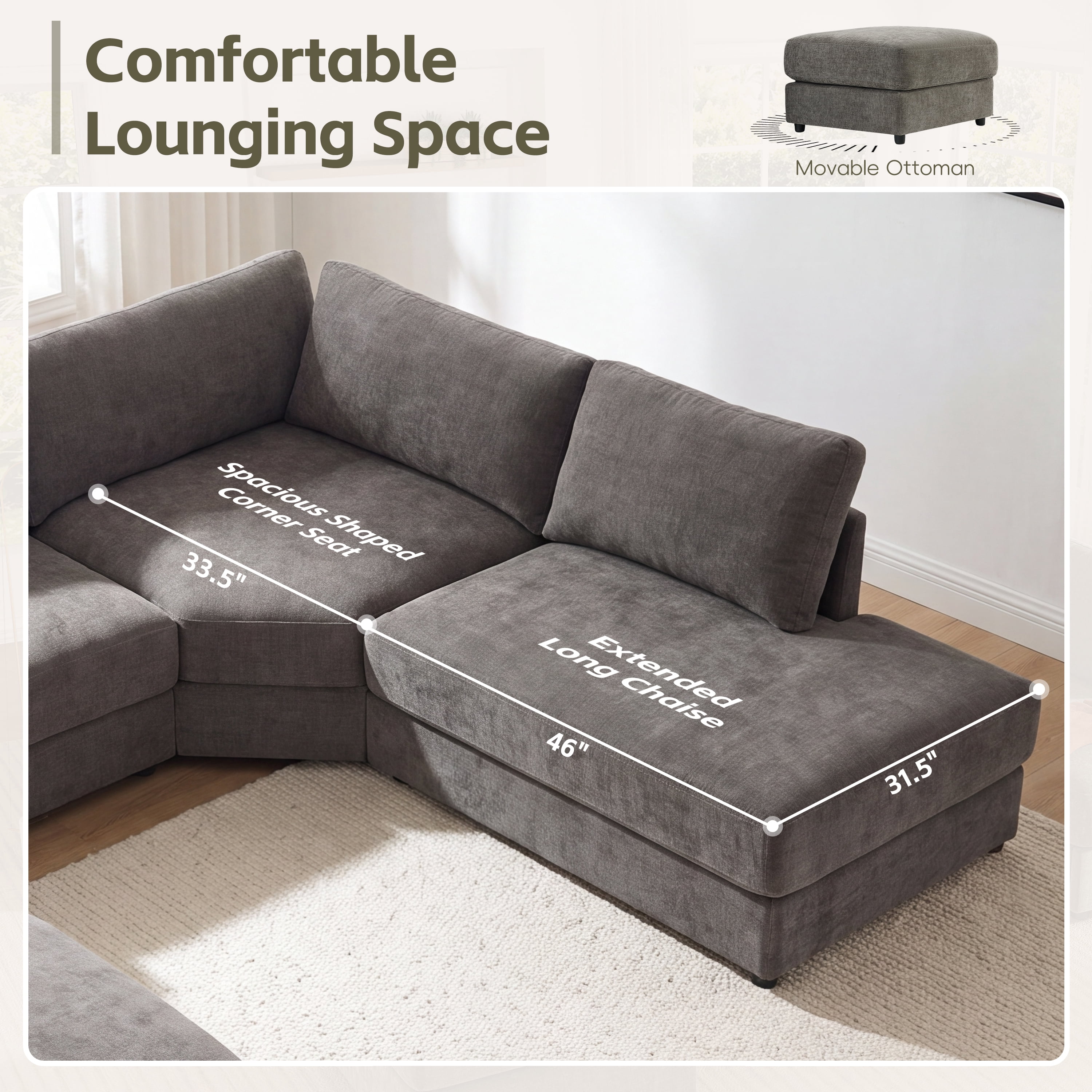 GARITIN 6 Seat U Shaped Modular Sectional Sofa 118 Inch, Oversized Chenille Couch with Ottoman and Storage Console with USB Charging, Gray