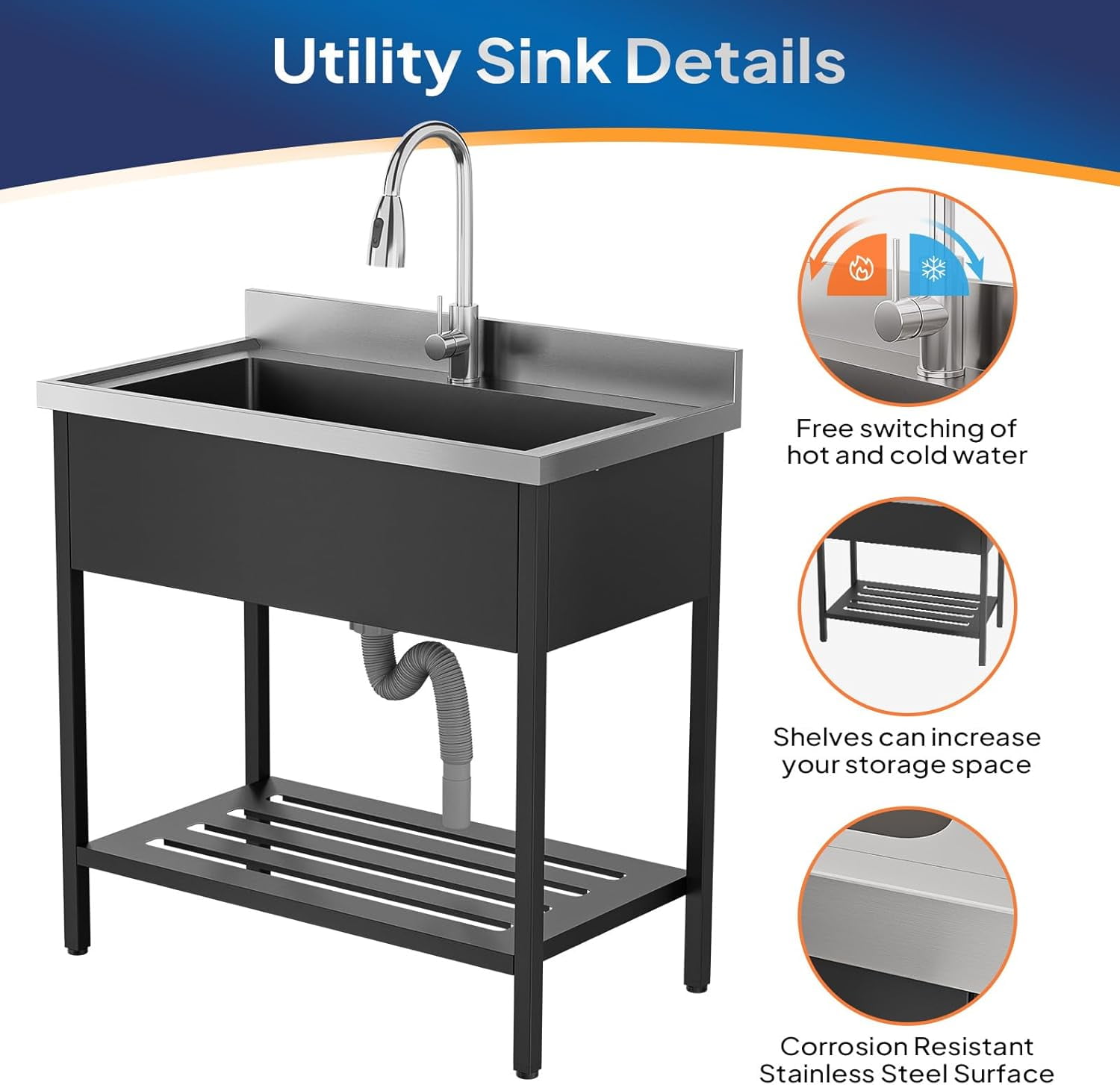Ktaxon Stainless Steel Utility Sink, Free Standing Sink with Faucet, Perfect for Laundry Room, Kitchen, Restaurant, Garage, Backyard, 20"D x 36"W x 38"H