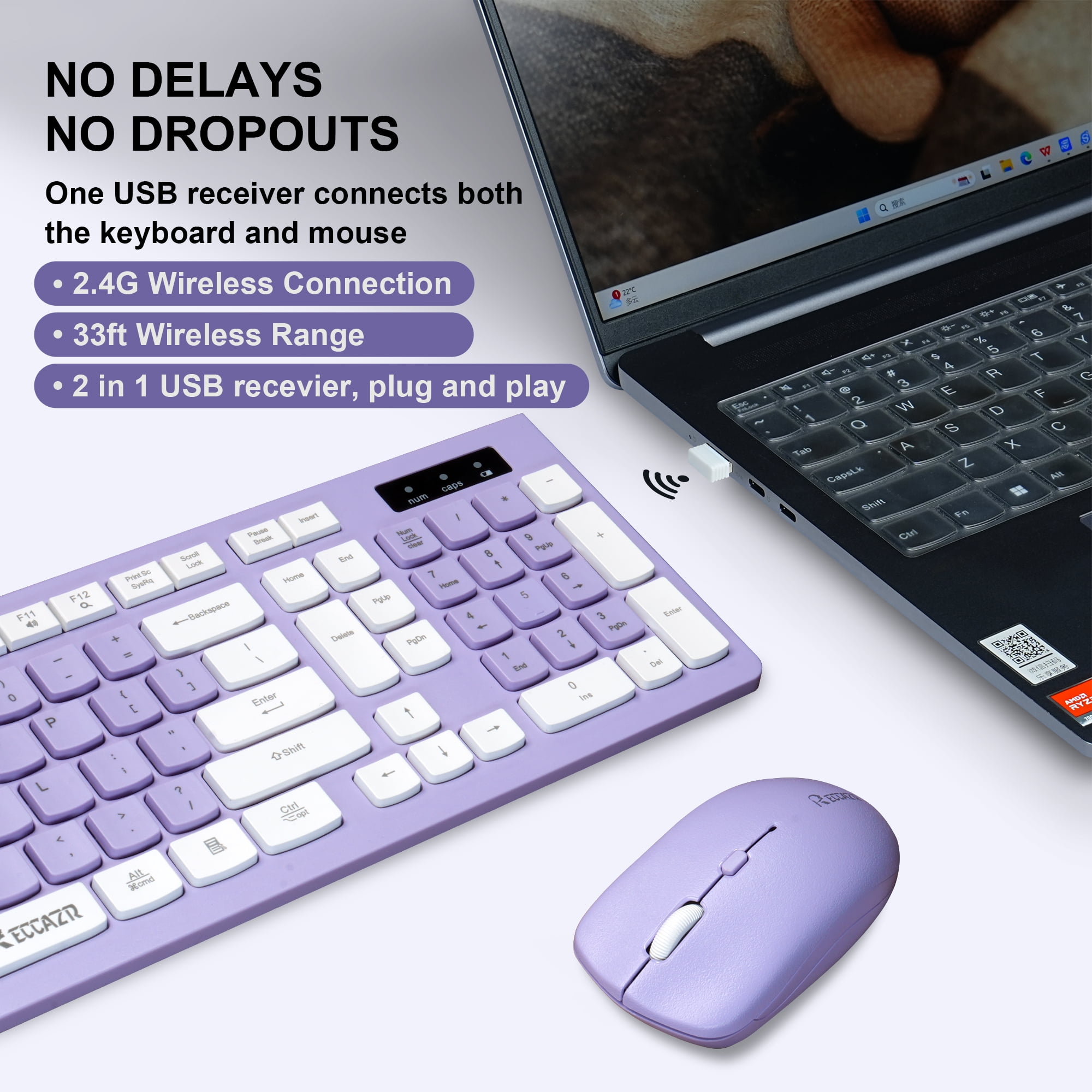 RECCAZR Wireless Keyboard & Mouse Combo With Wrist Rest - 2.4G Full-Sized Cordless Set For PC/Mac