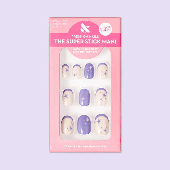 Olive & June Press-On Nails, Round Extra Short Mixed Purple Sparkle, The Super Stick Mani, 1.0 ea