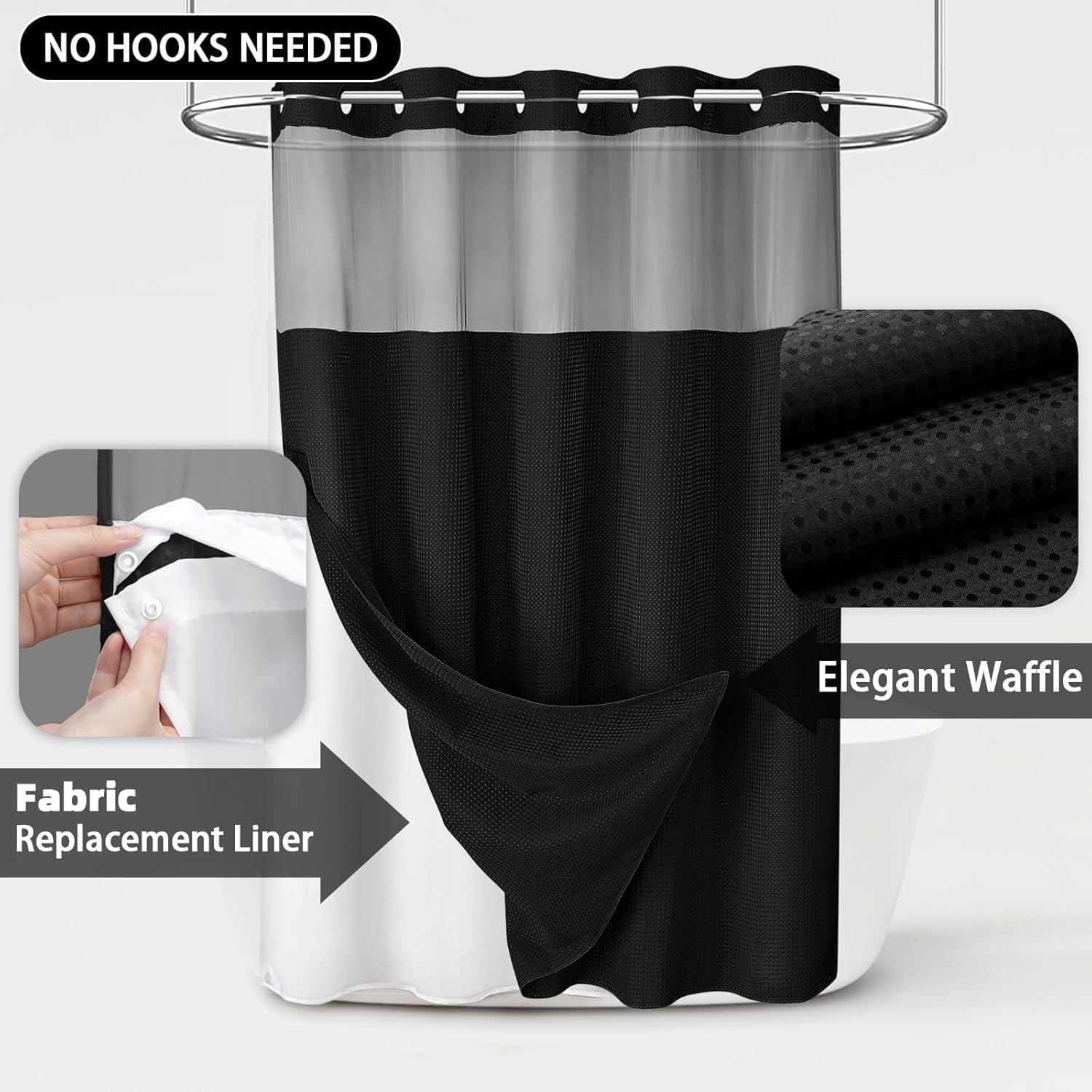 DawnJoanHD Waffle Weave No Hook Shower Curtain with Snap-in Liner, Black Polyester Fabric with See-Through Top Window, 72" x 75"
