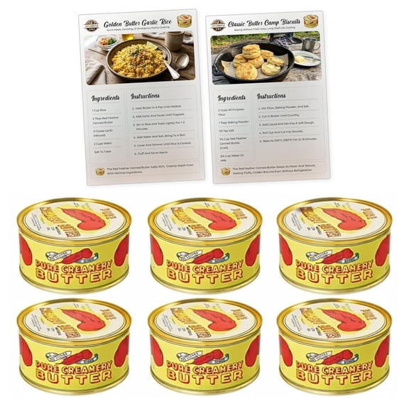 Red Feather Canned Butter, 100% Pure New Zealand Creamery Butter, 12 oz Cans, 6-Pack, Long Shelf Life Pantry Staple for Baking, Cooking, Camping & Emergency Food Storage