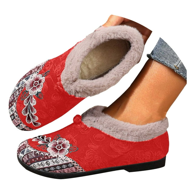 Women's Suede Boots Cozy Memory Foam Winter Slippers Embroidered Patterns Indoor Outdoor Walking Shoes