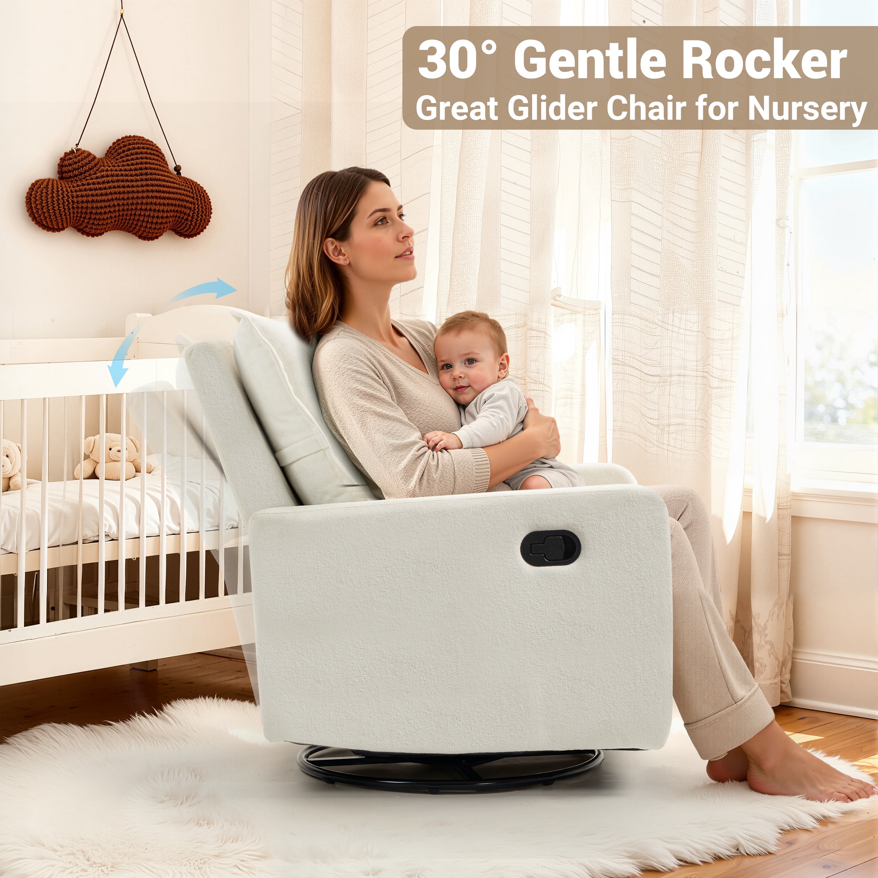 Paproos Swivel Rocker Recliner, Velvet 360°Swivel Rocking Recliner, Glider Rocking Chair for Nursery, Small Rocker Chair for Small Space, Manual Recliner for Adults for Home Theater, White