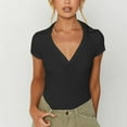 thumbnail image 2 of UAMVSH Women's V Neck Short Sleeve Slim T-Shirt Stretchy Solid Color Ribbed Basic Top Casual Going out Tees, 2 of 6