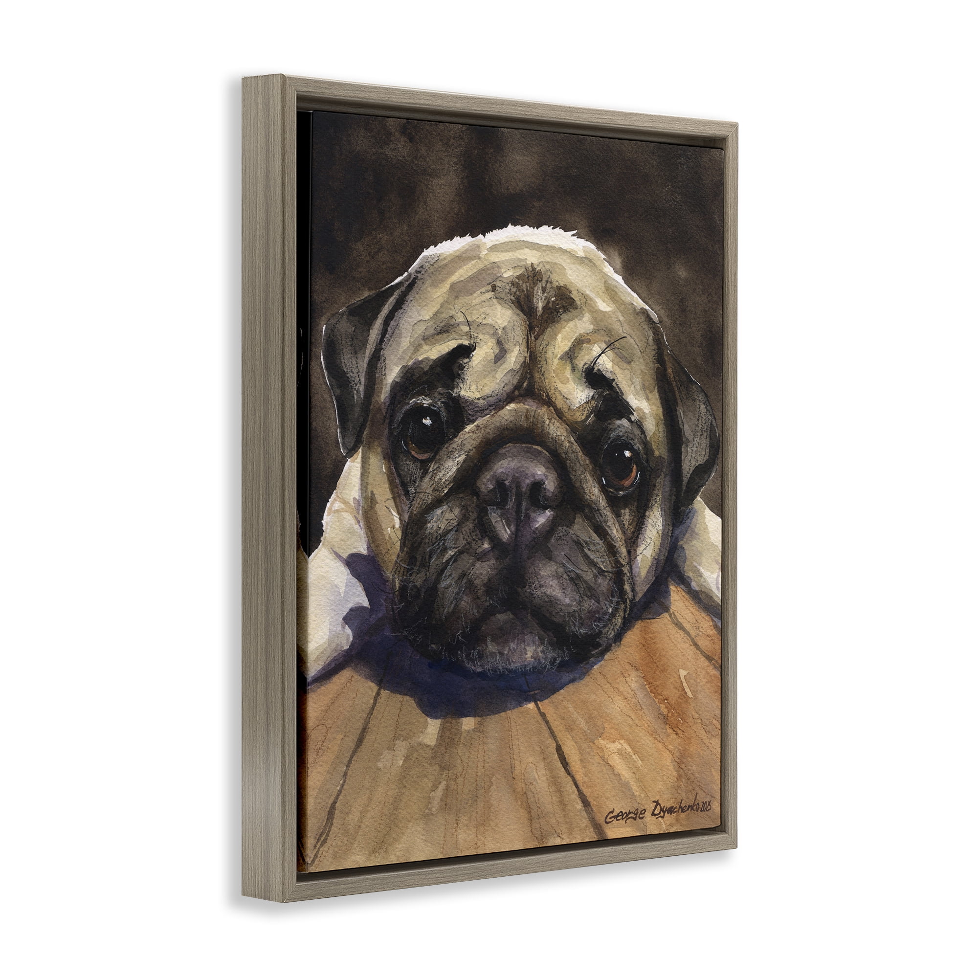 Stupell Industries Pug Soulful Portrait Brown Framed Floater Canvas Wall Art, design by George Dyachenko