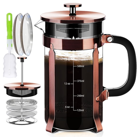YMMIND Cafetera de prensa francesa Prensa de café de acero inoxidable 304 de 21 oz, con sistema de 4 filtros, vidrio de prensa francesa de borosilicato de espesor resistente al calor, émbolo de café d