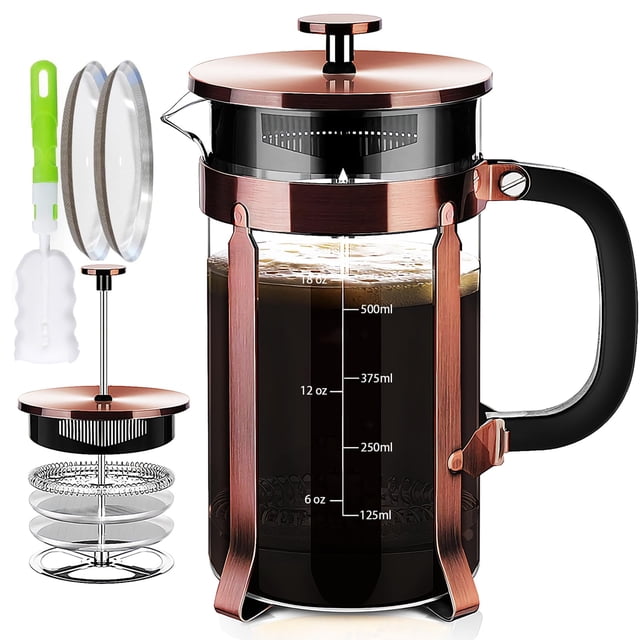 YMMIND Cafetera de prensa francesa Prensa de café de acero inoxidable 304 de 21 oz, con sistema de 4 filtros, vidrio de prensa francesa de borosilicato de espesor resistente al calor, émbolo de café d