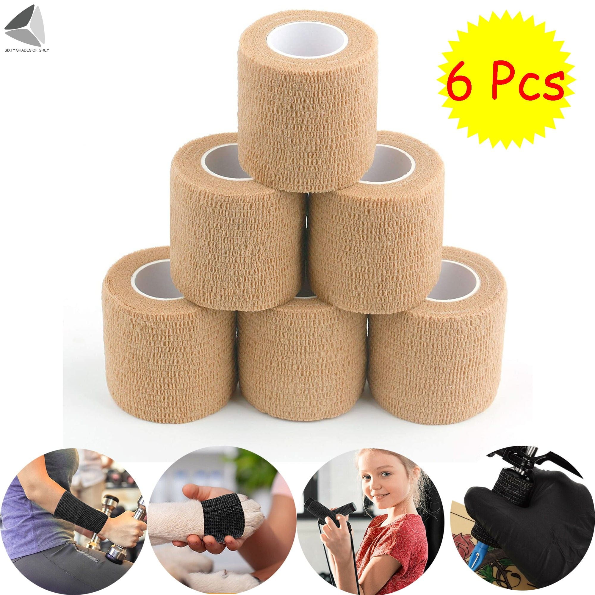 Sixtyshades 6 Rolls Self Adhesive Bandage Wrap Breathable Non-Woven Athletic Tape for Sports Ankle Wrist Hand (Skin)