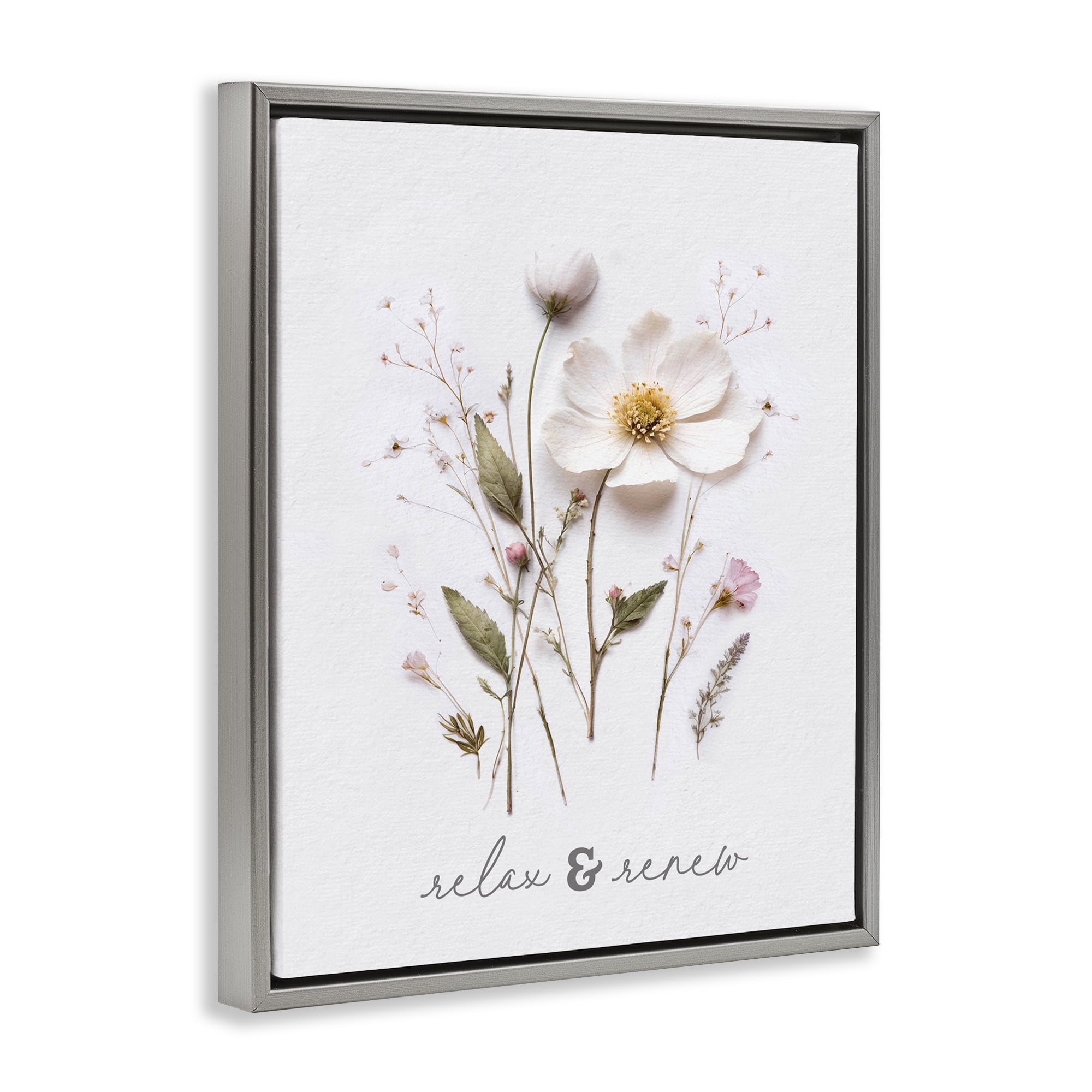 Pressed Flower Relax & Renew Gray Framed Floater Canvas Wall Art, design by Lettered and Lined