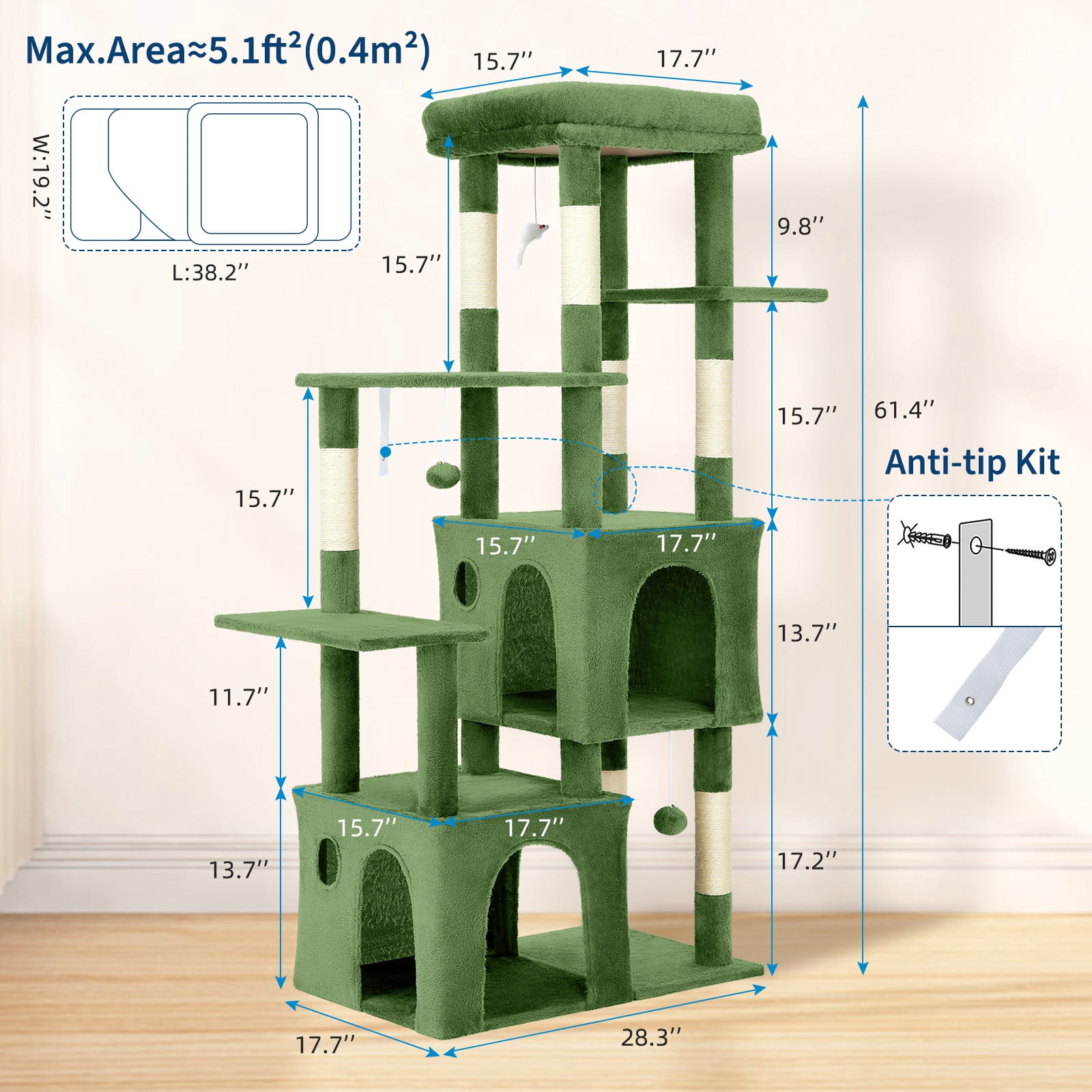BouPower 61" Multi-Level Cat Tree Tower, Dark Grey Heavy-Duty Cat Condo with Oversized Perch, 2 Spacious Condos, Natural Sisal Scratching Posts and Play Toys for Large Adult & Maine Coon Cats