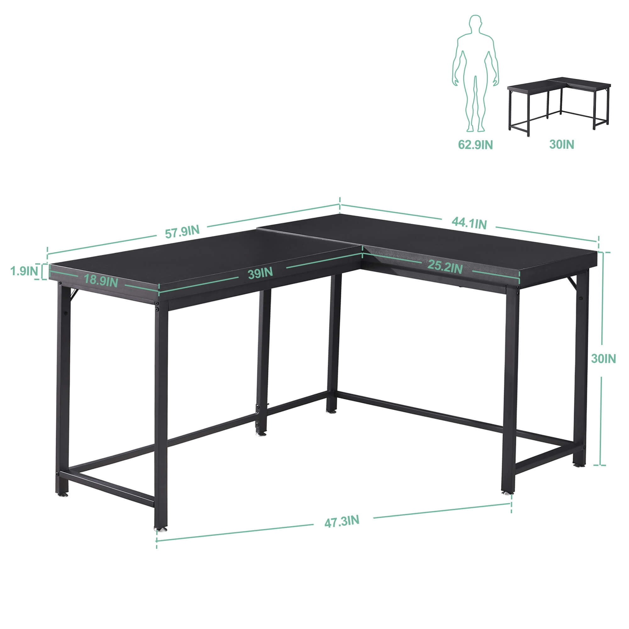 Ivinta L-Shaped Desk, Adult Lap Desks, 44" x 58", Black, 1 Count, 1 Pack