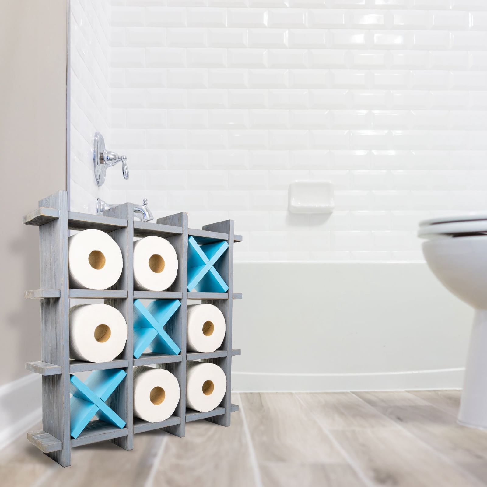 Excello Global Products Gray Wooden Toilet Paper Holder: Tic Tac Toe Design for Wall Mounted or Freestanding Bathroom Tissue Roll Storage Organizer - EGP-HD-0162A-OS