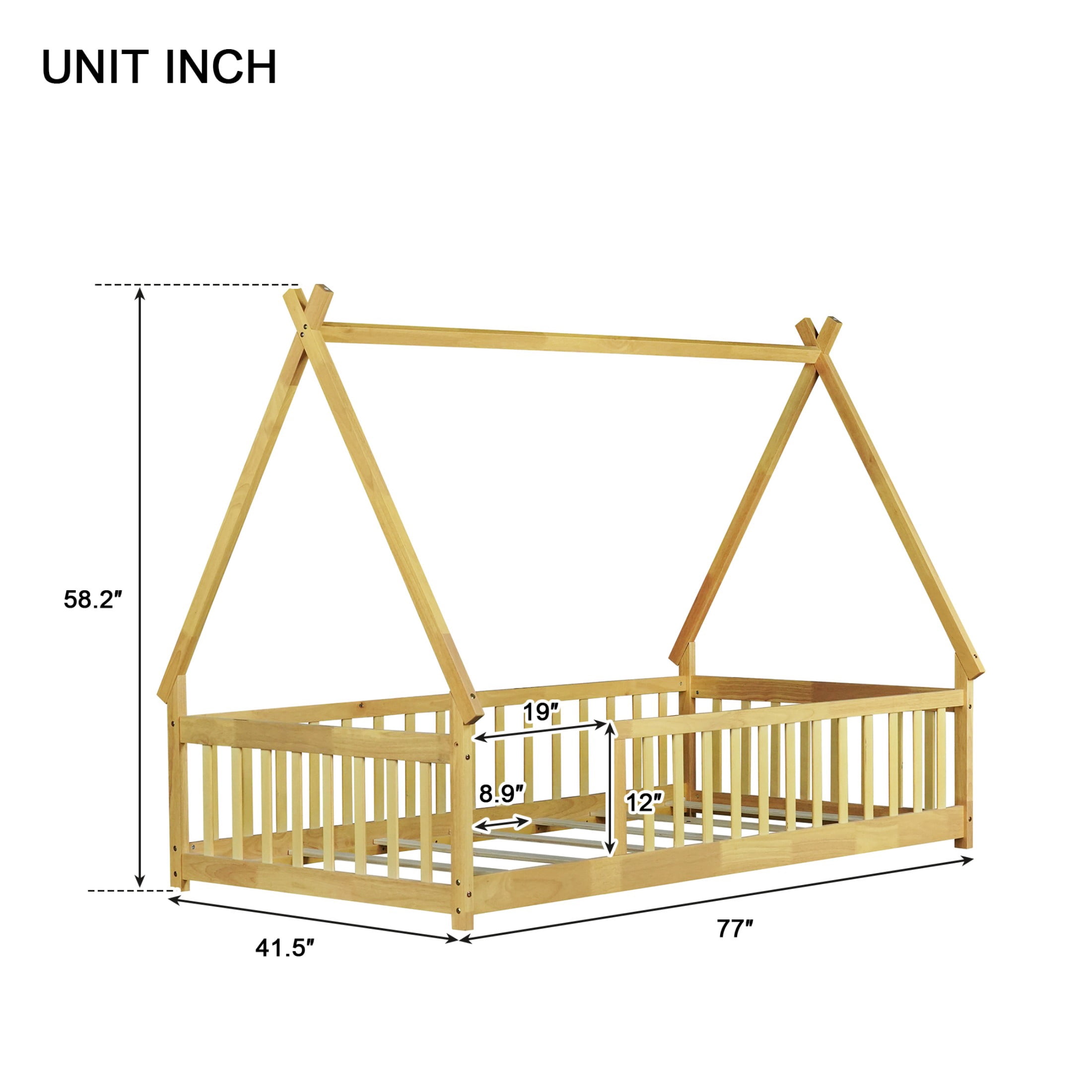 Alvantor Twin Size Montessori Bed for Kids, Teepee Tent Bed Frame with Guardrails and Slats, Natural