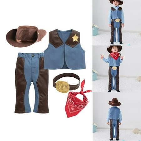 

Yubatuo Little Boys Western Cowboy Vest Pants Hat Red Bandana And Belt 5pcs Cosplay Outfit Dress Up Parties Stage Performance Clothing SetBlue120